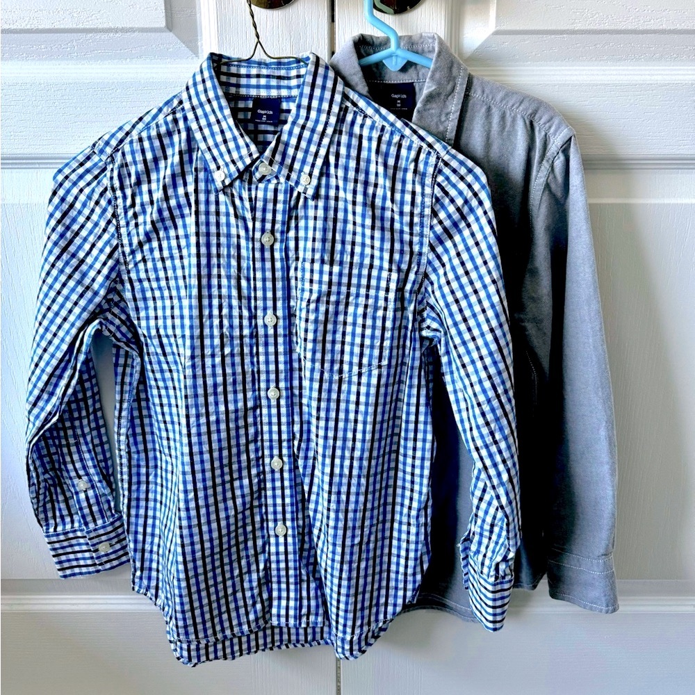 2 GAP Medium long sleeved button down shirts. Lt gray & blue/black/white check.